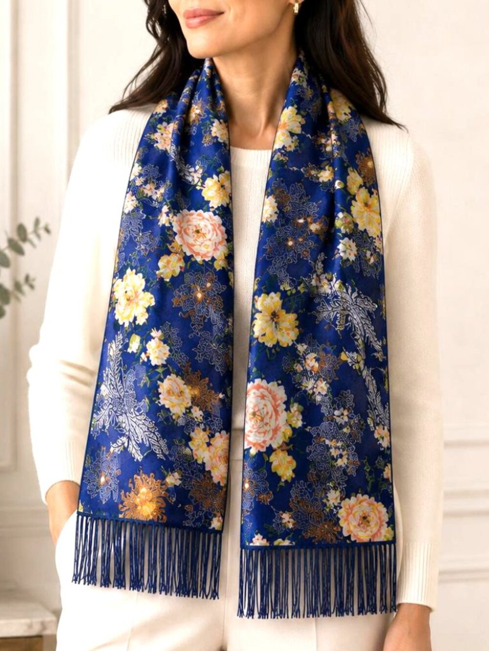 NIB China Shu Brocade Royal Blue Phoenix Silk Scarf Shawl Wrap 13"x64" Peony